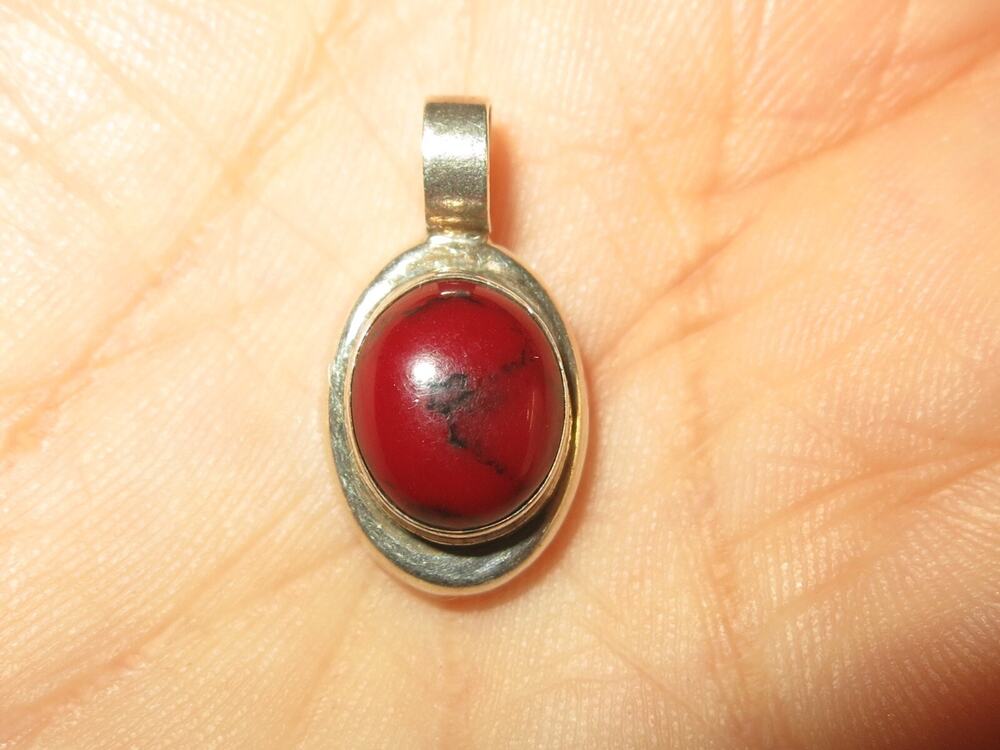MEXICO 925 Sterling Silver Vintage Red Turquoise Oval Pendant